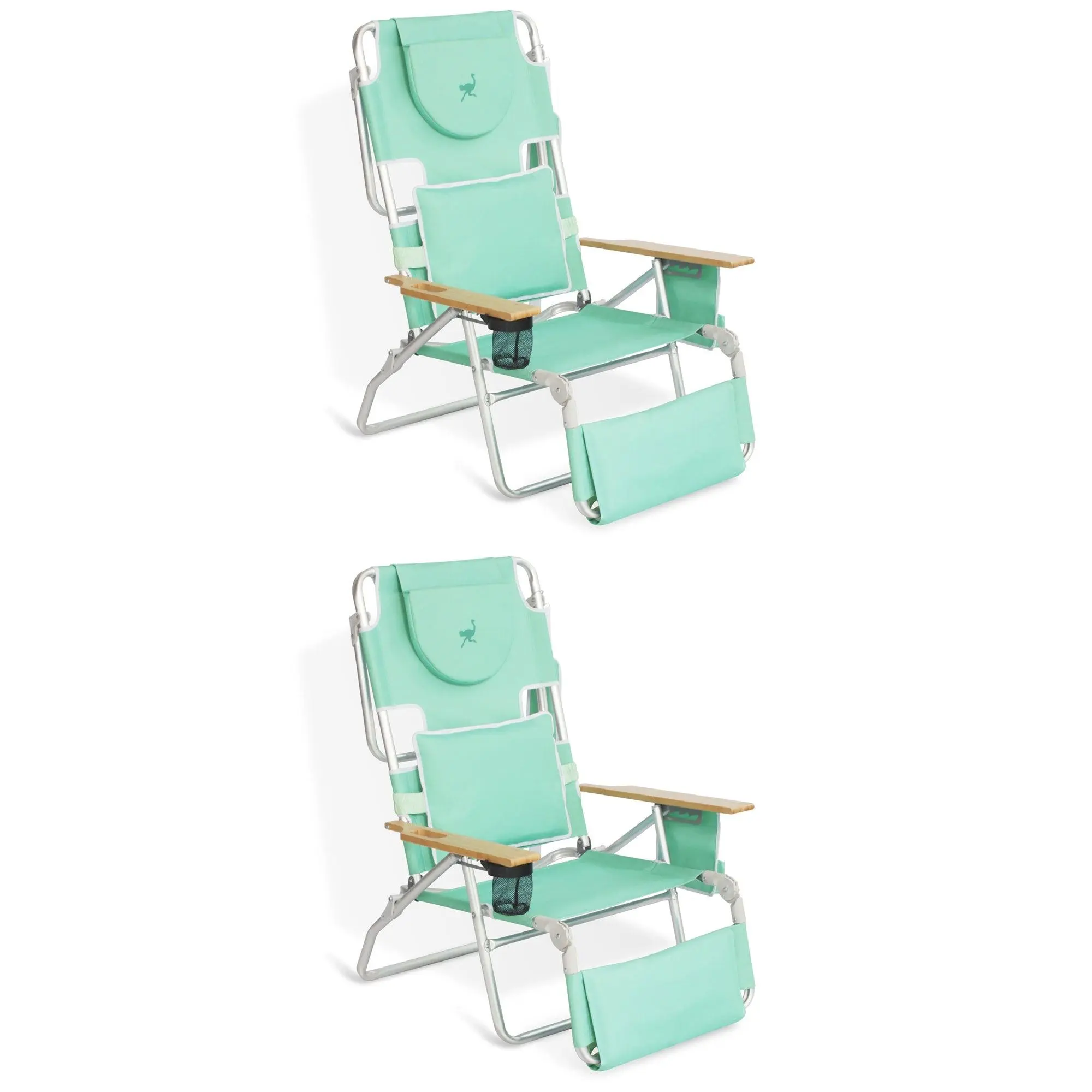 Ostrich Deluxe Padded 3-N-1 Outdoor Folding Reclining Beach Chair, Teal (2 Pack)