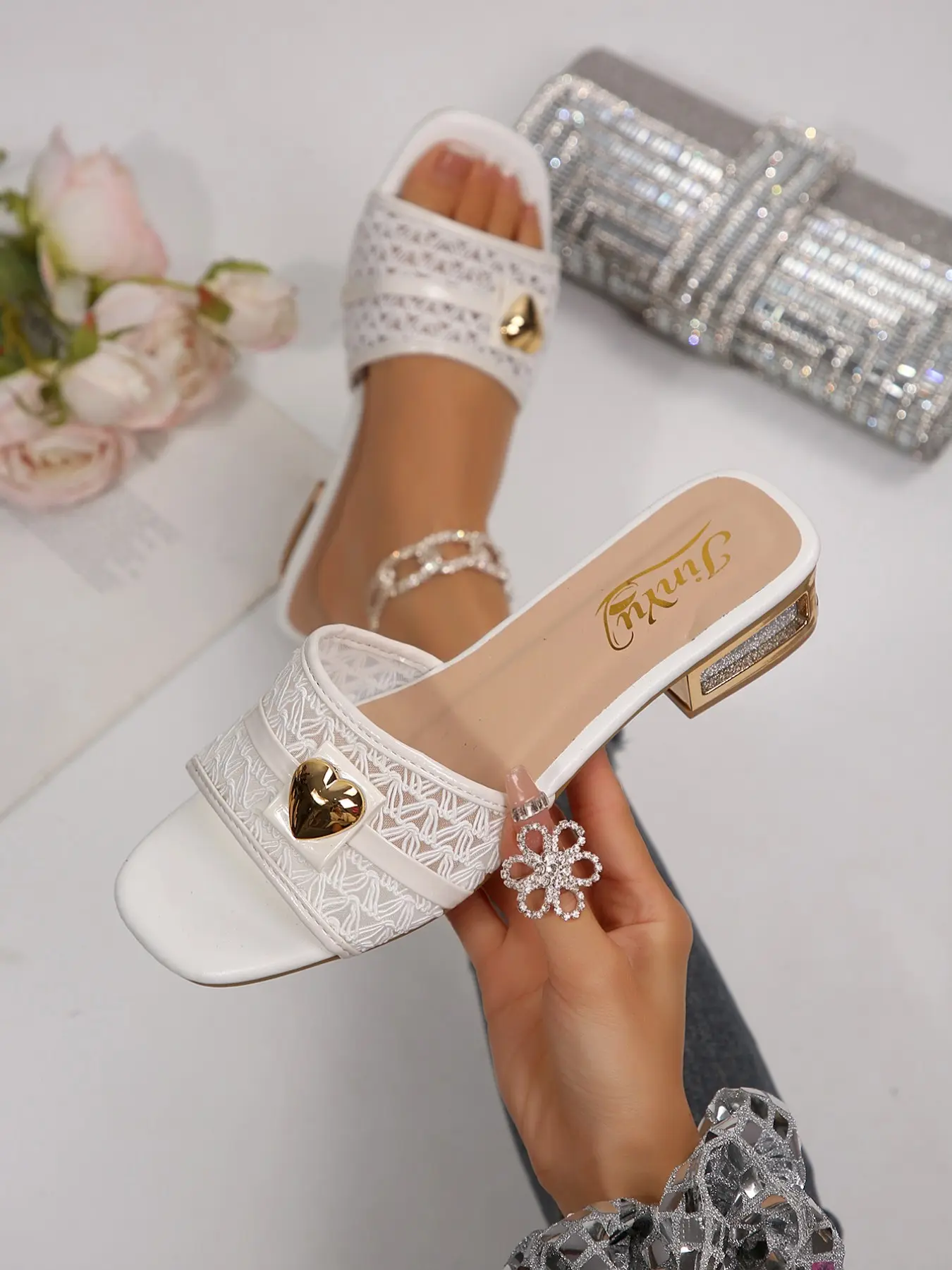 Women's Fashion High Heel Slippers, Hollow Out Polyester Fiber, Chain Print, Casual Daily Wear, Chic Summer Footwear, Outdoor Comfort Shoes, Footwear, Fashionable Footwear