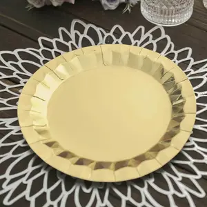 25-Pack Paper 9" Round Dinner Plates in Metallic Gold with Geometric Prism Rim - Disposable 400GSM Party Plates for Banquets & Celebrations