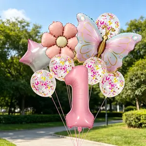 11-Piece Butterfly Daisy Number Balloon Set, Numbers 0-9, Gradient Stars, Butterflies, Flowers, Party Decor, Kids Birthday, Store Display
