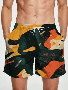 Men's quick-dry camouflage print swim shorts with adjustable drawstring waist - Full-zip camouflage pattern (green/black/orange/yellow) - Lightweight and breathable swimwear, suitable for pool, beach, and vacation - Quick-dry surf shorts