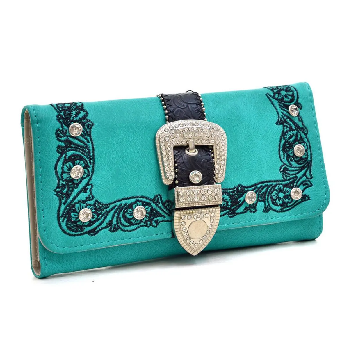 Ritz Rhinestone Studded Buckle Trifold Wallet for Women - 7.5x4.5in Turquoise, Magnetic Closure Card Holder, Multi-Compartment, Removable Checkbook Protector with Checkbook Slot, 3 Flat Currency Pockets, Bifold/Trifold Style, Wallets For Women, Bifold/Tri