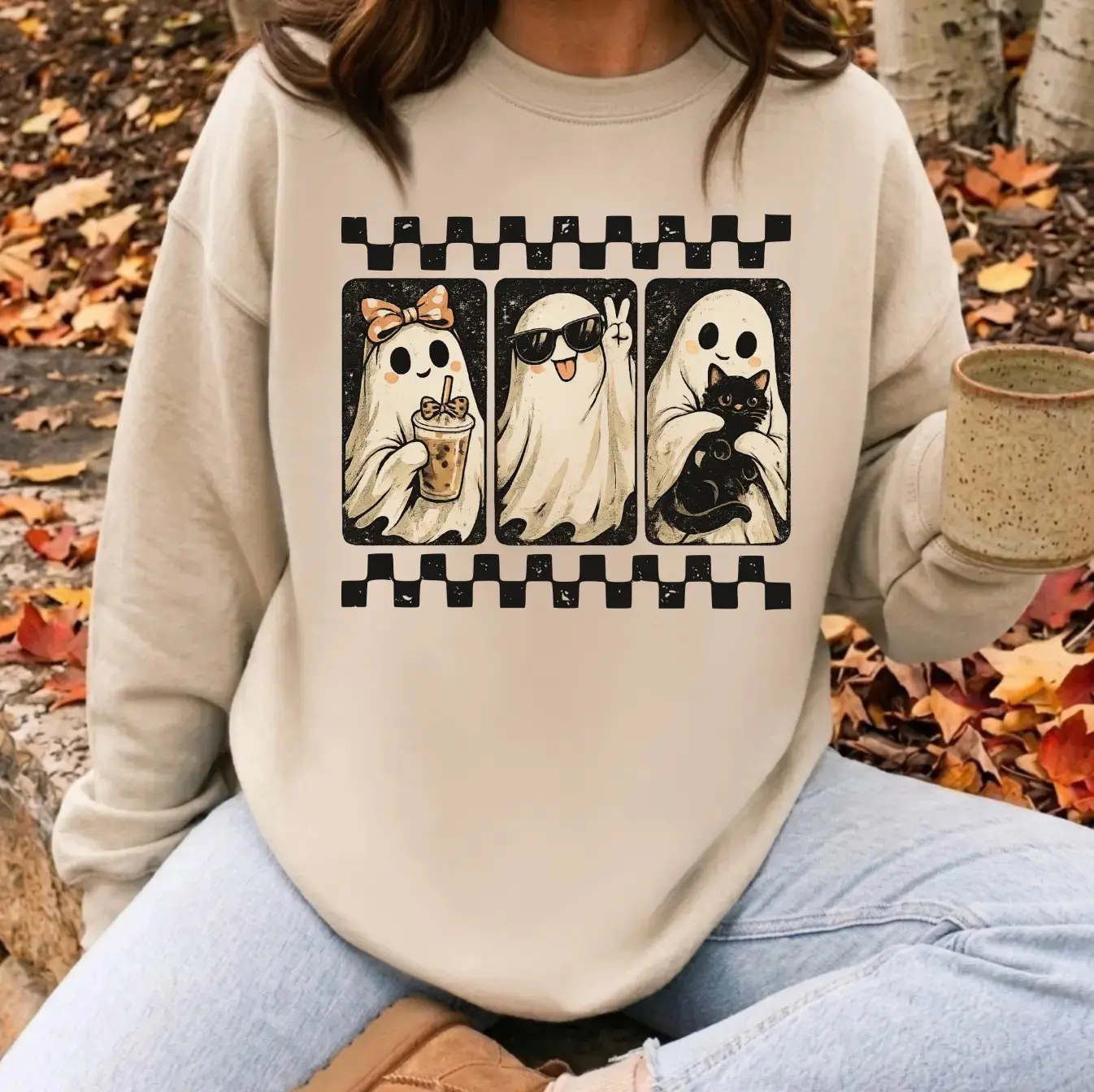 Women's Casual Cute Ghost Friends Halloween Pullover Sweatshirt