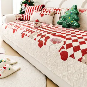 Christmas Cartoon Santa Sofa Cushion, Geometric Pattern Decorative Couch Pad, Anti-Slip Pet-Resistant Sofa Cover, Sofa Slipcover for Kids Living Room Home Use