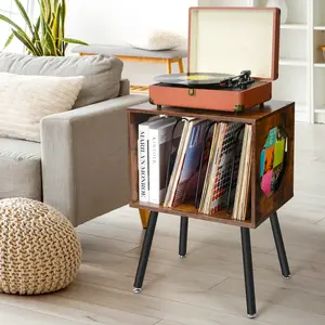 Rustic Record Player Stand, Record Storage Cabinet Holder with Metal Legs Holds 150 Albums, Turntable Stand Vinyl Record Storage Table for Bedroom Living Room (Brown)
