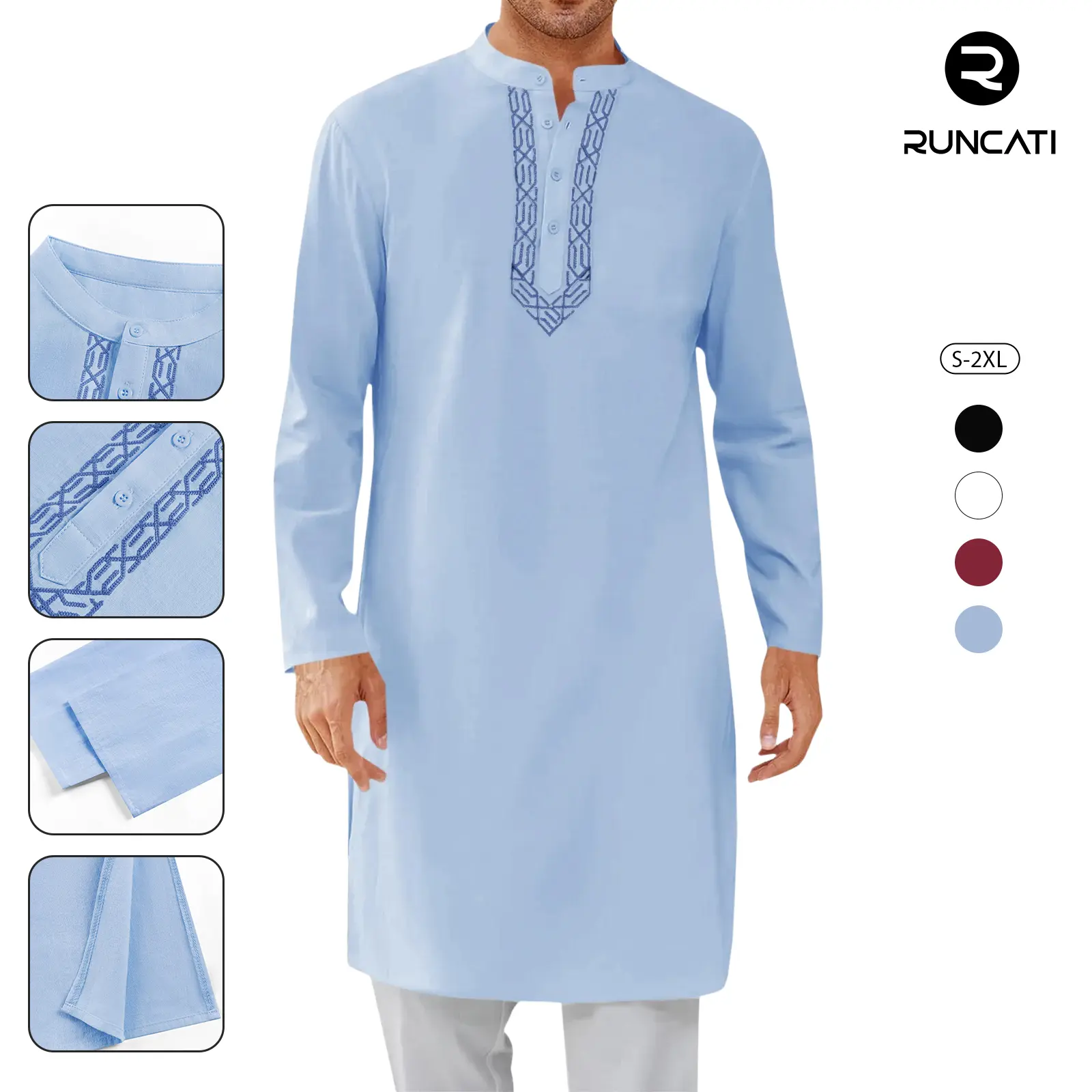 Runcati Men's Embroidered Cotton-Linen Kaftan Thobe - Button-Down Casual Henley Shirt, Long-Sleeve Muslim Gown for Son, Husband, Father, Party