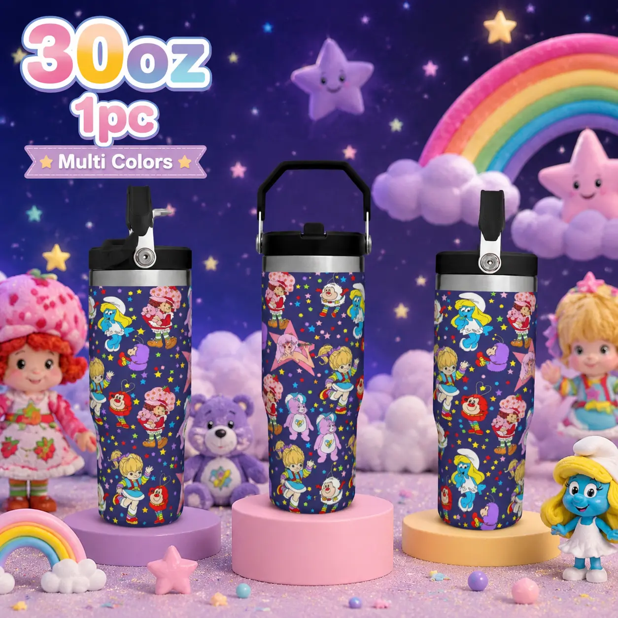 1pcs 30oz Stainless Steel Insulated Travel Tumbler with Handle, Straw, 80s Vintage Cartoon Collage Print (Rainbow Brite, Smurfette, Strawberry Shortcake) – Cute Aesthetic TikTok Viral Nostalgic Gift for 90s Fans, Tumbler(A)-1