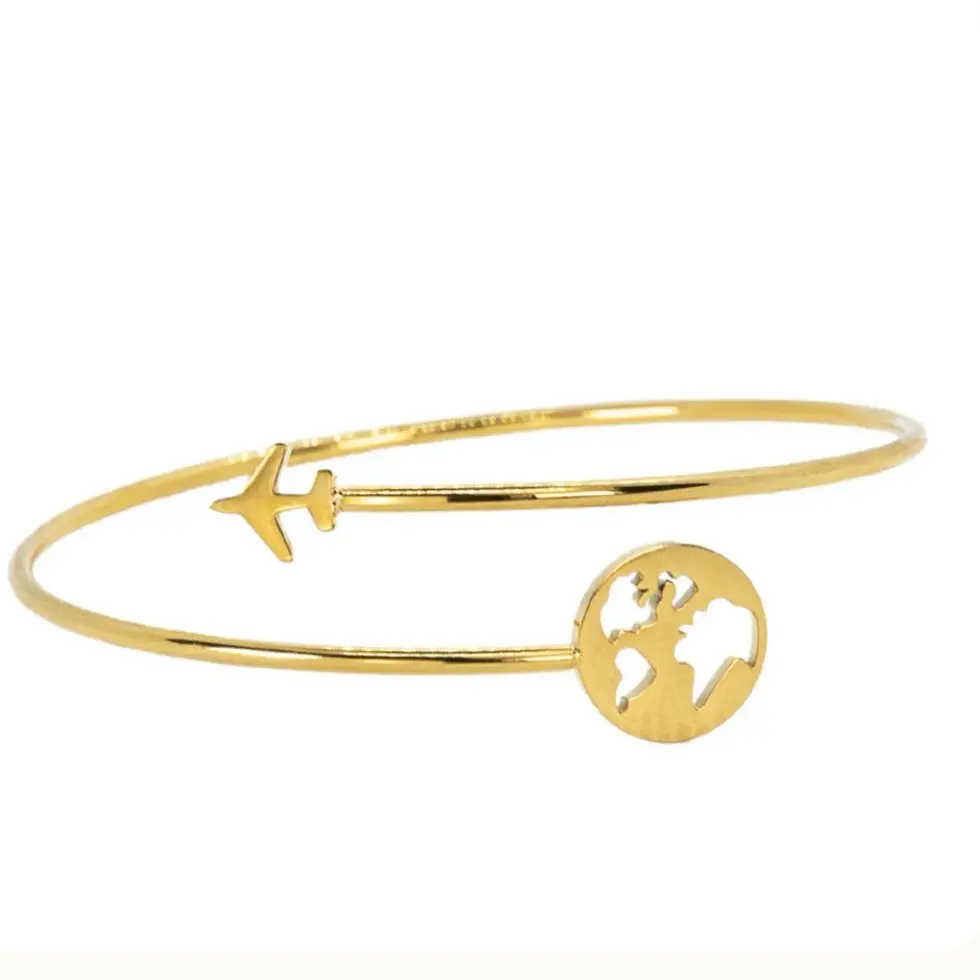 Airplane Bracelet Gold Plated Wrap Around Gift for Travelers Traveler Globe World Map Adjustable Christmas Stocking Stuffer