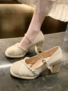 Elegant Pearl High Heel Shoes for Women, Wedding Party Dress Mary Jane Style, Comfortable Chunky Heels for Bridal Accessories