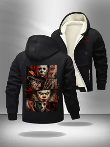 Classic horror movie character wool lined Fitted hoodie | Michael Myers Freddy Jason Pennywise Graphic patterned zipper jacket | Warm dark streetwear for horror fans and Halloween enthusiasts