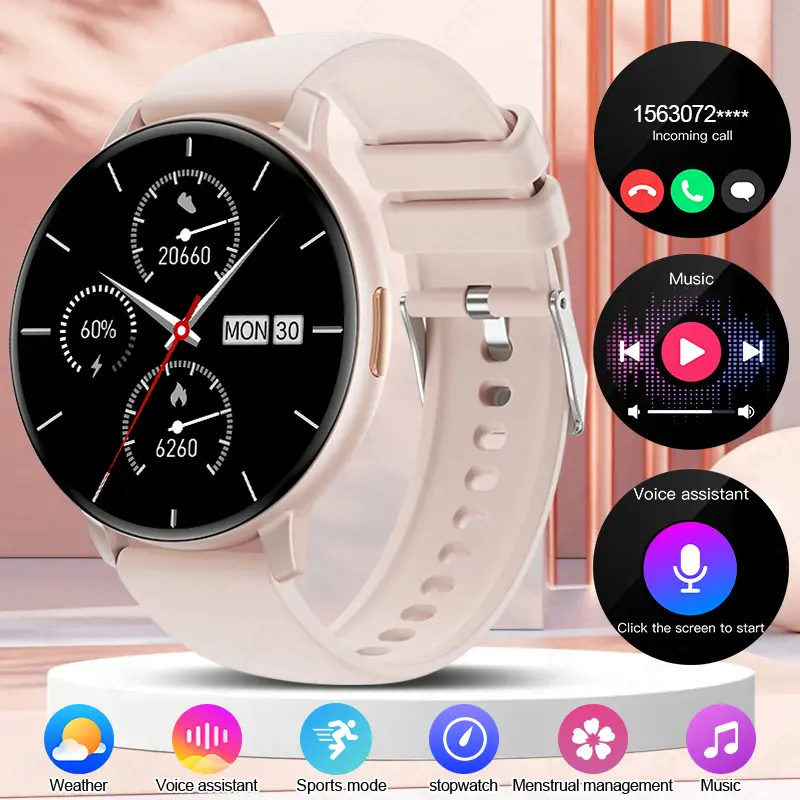 Smartwatch compatible with iPhone and Android; features wireless calling, a large HD screen, long battery life, and support for multiple sports modes; suitable for both men and women; compatible with Android and iPhone smartphones.