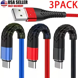 3 Pack Heavy Duty Braided USB C Type-C Fast Charging Data Sync Charger Cable Long Cord