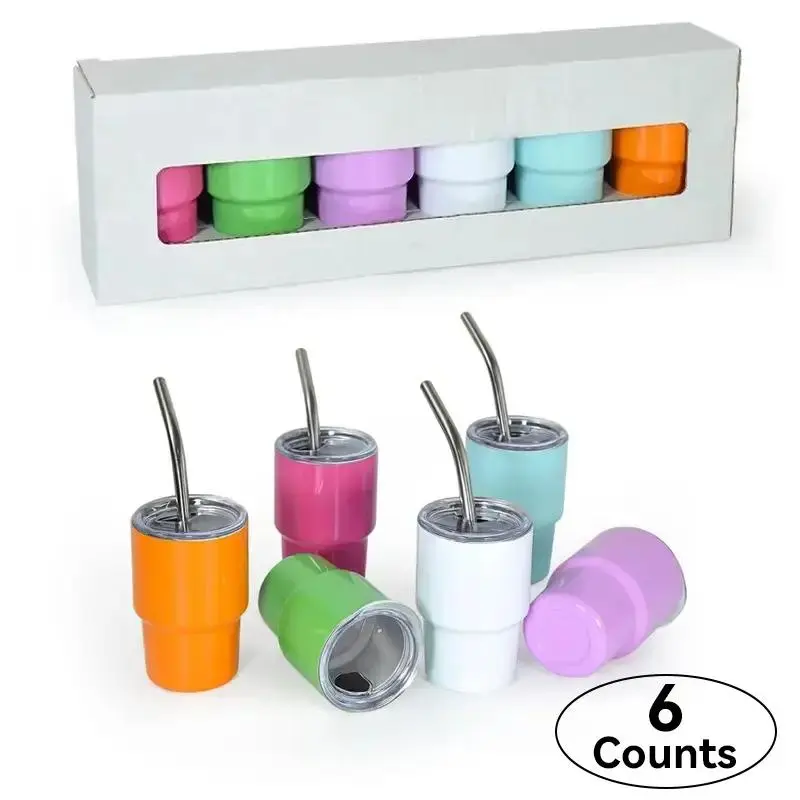 3oz Mini Glass Cup Set of 6 with Straw and Lid, Stainless Steel Insulated Cups, Perfect for Parties and Holidays, Essential Back-To-School Gift
