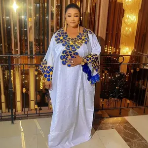 Women's Formal African Dashiki Bazin Gown - Traditional Embroidery, Ankara Fabric, Elegant White/Blue Robes, Soft Comfortable Attire for Nigerian Wedding Evening Events (Elegance-Focused)
