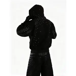 Men’s streetwear rhinestone zip-up hoodie with “Not Luck Just Pray” graphic, soft fabric, long sleeves, casual athletic oversized crewneck, loose fit, pullover, jeans-matching classic top