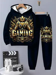 Boys' Fun Printed Hoodie and Sweatpants Set, Comfortable Casual Wear, Soft and Cozy, 3D Fashion Kids, Long Sleeve Top + Pants, Youth Kits