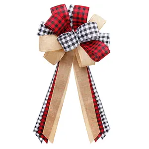 Christmas Big Red Plaid Bow 90's Retro Handmade Linen Festive Large Bowknot Tree Topper for New Year Party Winter Wedding Decor