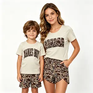 Women's & Boys' Camo 2-Piece Cotton Short-Sleeve Set, Comfortable Round Neck Print Outfit for Summer Day Beach Vacation, Matching Family Casual Breathable Clothing Camouflage