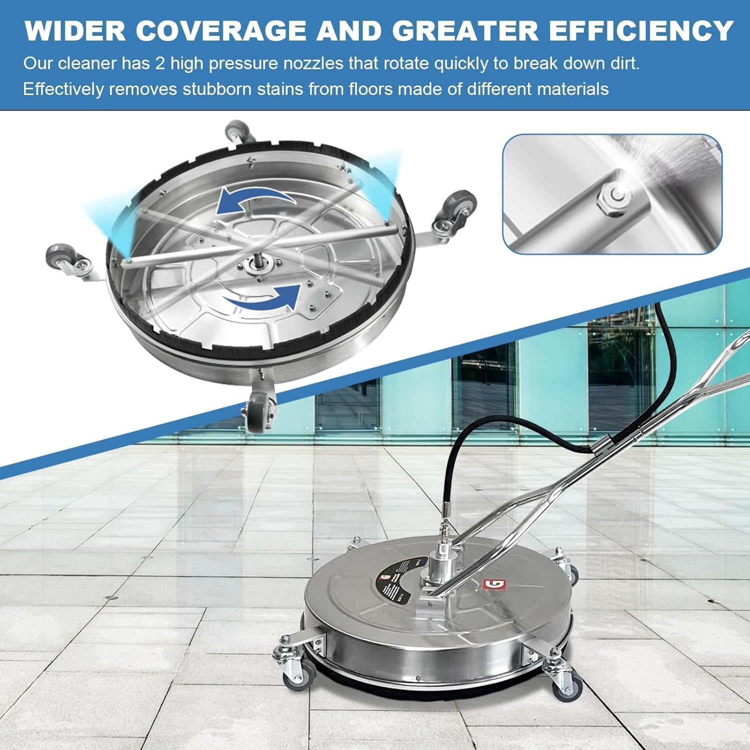 20" Pressure Washer Surface Cleaner with 4 Wheels & Dual Handles, 4600 PSI 12 GPM Stainless Steel Surface Cleaner Attachment with 2 Nozzles for Driveways, Sidewalks, Decks & Patios, Commercial Grade 20" Pressure Washer Surface Cleaner with 4 Wheels & Dual Handles, 4600 PSI 12 GPM Stainless Steel Surface Cleaner Attachment with 2 Nozzles for Driveways, Sidewalks, Decks & Patios, Commercial Grade
