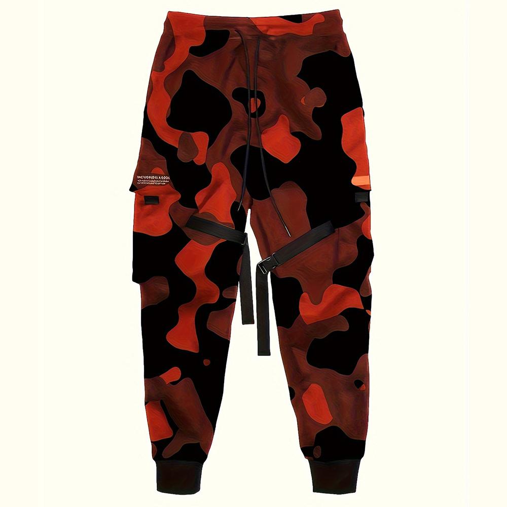 Men’s American high-street camouflage jogger pants featuring ribbon detailing; functional tactical cargo sweatpants with a loose, slimming fit—trendy men’s casual pants, carefully selected for everyday wear.