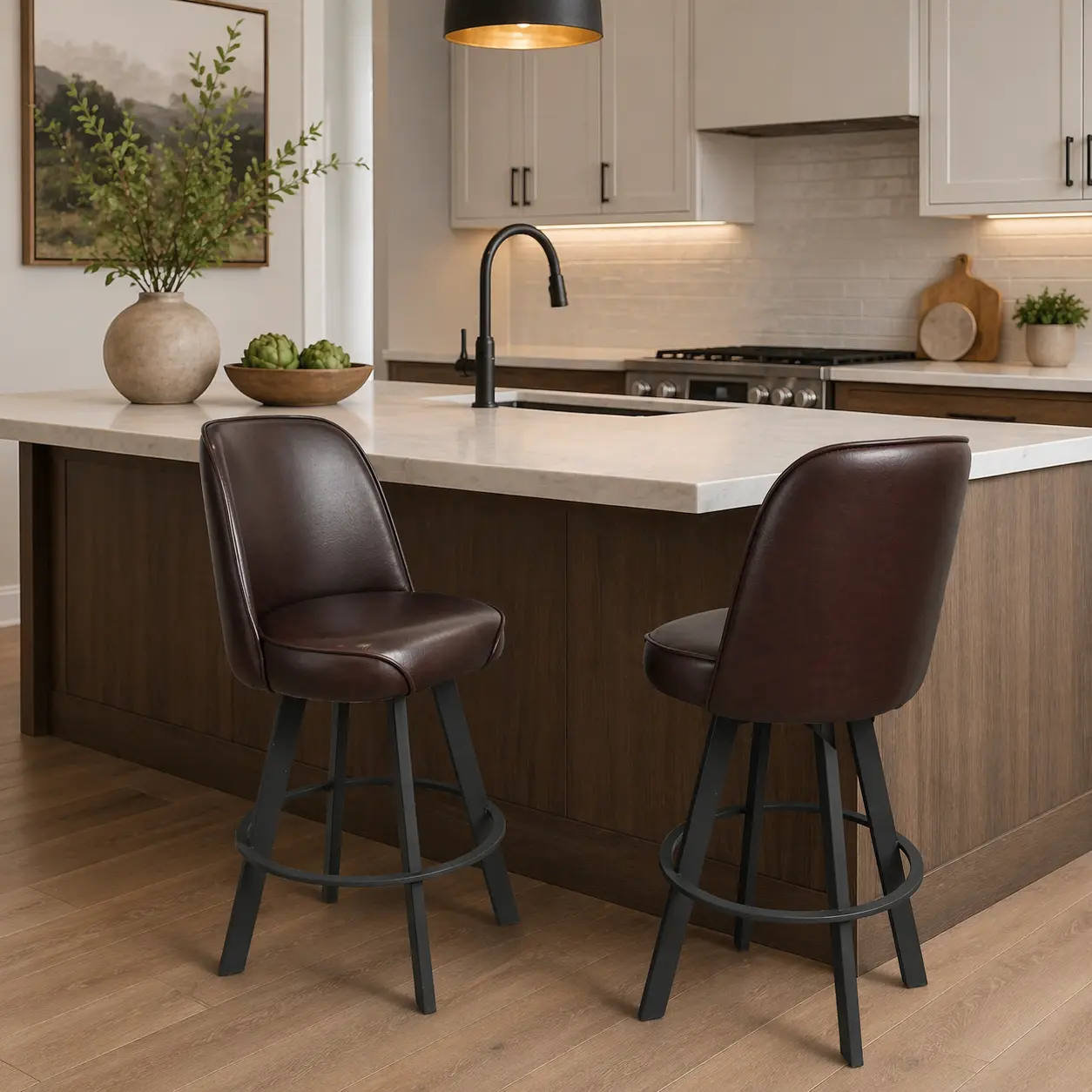 Set of 2 commercial-grade, super comfortable upholstered swivel bucket-seat bar stools with metal frame. Suitable for restaurant, café, and home kitchen counter seating