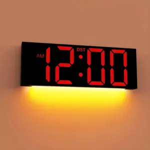 12'' Large Digital Wall Clock, Big LED Number Dispaly, RGB Colors, DST, Night Light for Classroom Living Room Bedroom Mounted Birthday Xmas  for Senior, Black Shell, Red Font