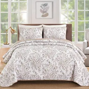 BDEEING  Size Quilt Set, Brown Quilt  Set with 2 Pillowcases, Botanical Quilt for  Bed, Soft Microfiber Lightweight Coverlet Bedspread for  Season (96"x90", 3 count)