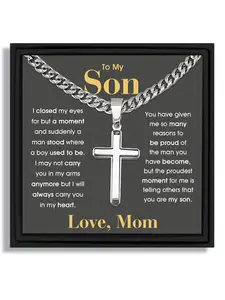 1 piece silver cross pendant Cuban link chain faith necklace for Valentine's Day birthday Christmas gift suitable for mom to son with blessing card and box
