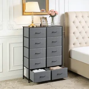 Modern Industrial Tall Storage Cabinet with Fabric Bins – Spacious 10-Drawer Metal Dresser Organizer – Durable Design – Ideal for Bedroom, Living Room, Closet,  Dorm – Rustic Brown & Gray Finish
