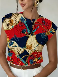 Elegant Women's Ethnic Block Print Round Neck Sweater, Womenswear Spring Summer Casual Sleeveless Knitwear, Breathable Daily Wear Top, Casual Sleeveless Vest