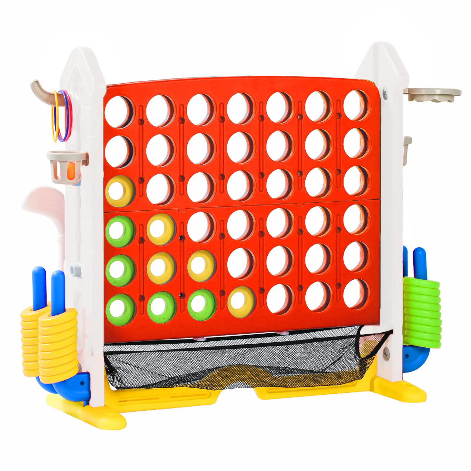 Height Adjustable 3-in-1 Giant Multi-Game Set - 4-in-a-Row Connect, Basketball Hoop, Ring Toss - Tabletop, Family Board Game for Kids & Adults - Weddings, Birthdays, Backyard Indoor Outdoor Sports Toy