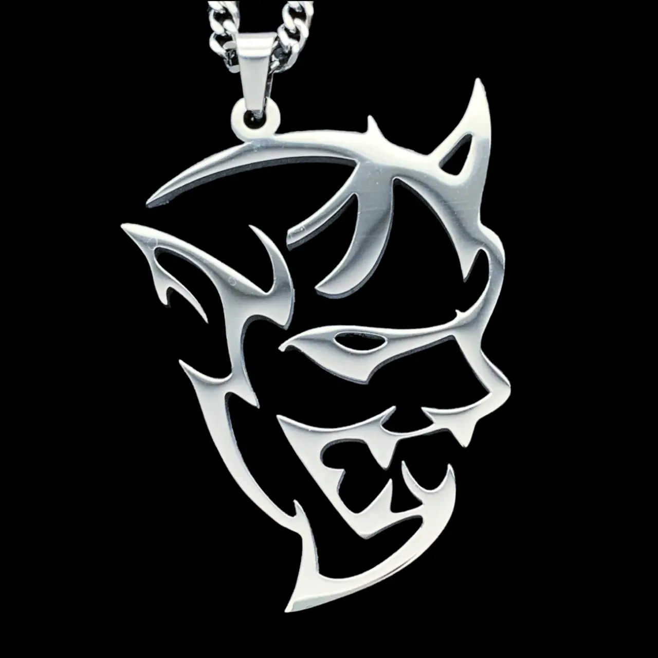 Demon Necklace SRT - 1.5" Mirror Polished Stainless Steel Pendant with Laser Carved Demon Design & Choice of Chain Free Gift Included
