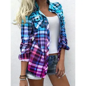 Plaid Print Button Up Shirt, Casual Gradient Color Long Sleeve Breast Pockets Shirt For Spring & Fall, Women's Clothing Top Womenswear Blouse Fitted
