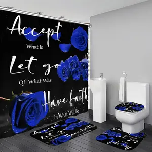 4-piece blue rose shower curtain set, comes with a black rug, bathroom set includes shower curtain and rug, shower curtain set comes with a toilet seat cover, suitable for women's bathroom decor accessories