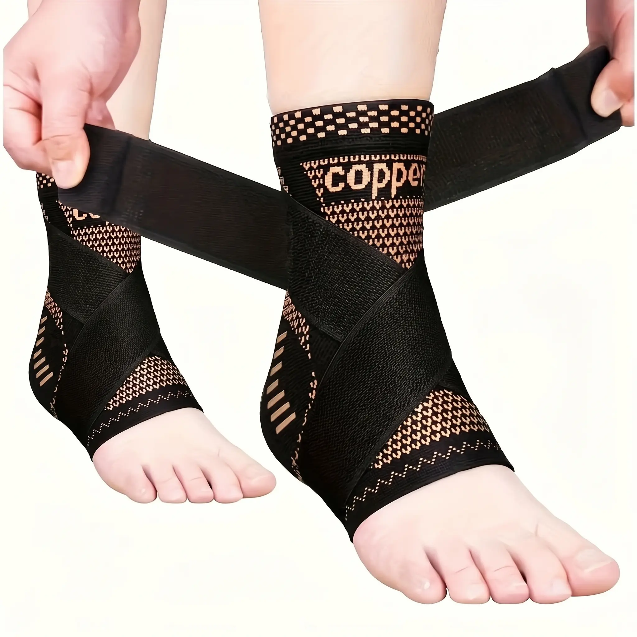 2PCS Copper Adjustable Compression Sleeves (Pair) - Ankle & Heel Support Brace for Achilles Tendonitis, Plantar Fasciitis Relief & Swelling Reduction