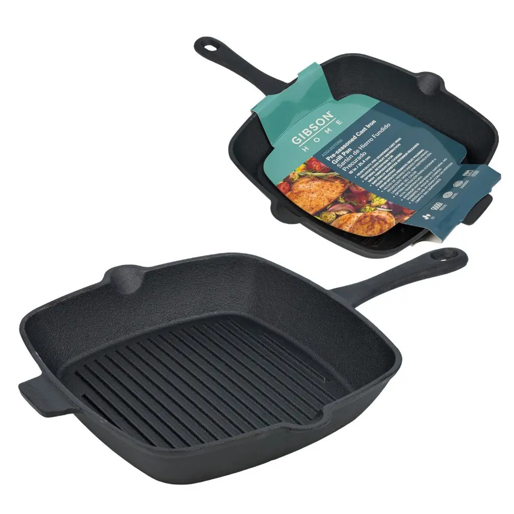Gibson Addlestone Pre-seasoned Cast Iron Grill Pan, 10" Tri-Ply Glass Mini Aluminum Stackable Oven-Safe