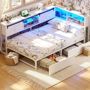 Homieasy Corner Bed Frame, L-Shaped Bed Frame with 2 Drawer & Bookcase, Twin Daybed with Power Outlet & LED, Reversible Farmhouse Twin Day Bed Frame with Sliding Door for Living Room, Guest Room, Bedroom
