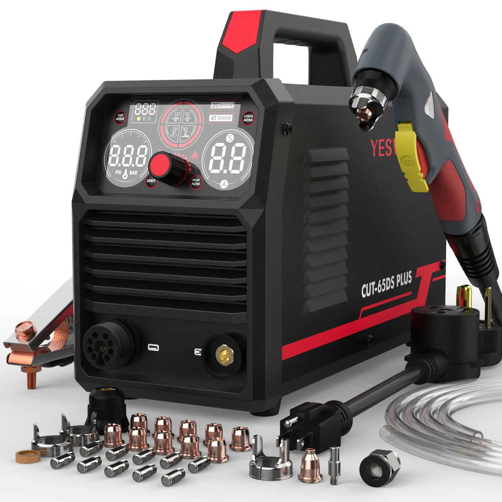 YESWELDER CUT-65DS-PLUS 110/220V Non-HF Plasma Cutter 65Amp with Plasma Torch Consumables Kit | Non-Touch Pilot Arc & Central Connector Torch | 4-in-1 Multi-Functional Metal Cutting Machine with Plate/Grid Cutting, Gouging & Marking