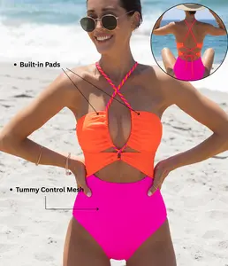 Popvil 【Built-in Sewn-in Pads】 Color Block Front Cutout One Piece Swimsuit, Tummy Control High Waisted Neon Swimsuit with Back Strap,Neon One Piece for Women