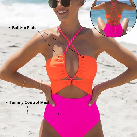 POPVIL Women's Tummy Control High-Waisted 1-Piece Colorblock Swimsuit - Built-in Pads, Front Cutout, Adjustable Back Strap, Neon Design, Breathable Elastane Fabric, Beach Sportswear (Runs Half a Size Small)