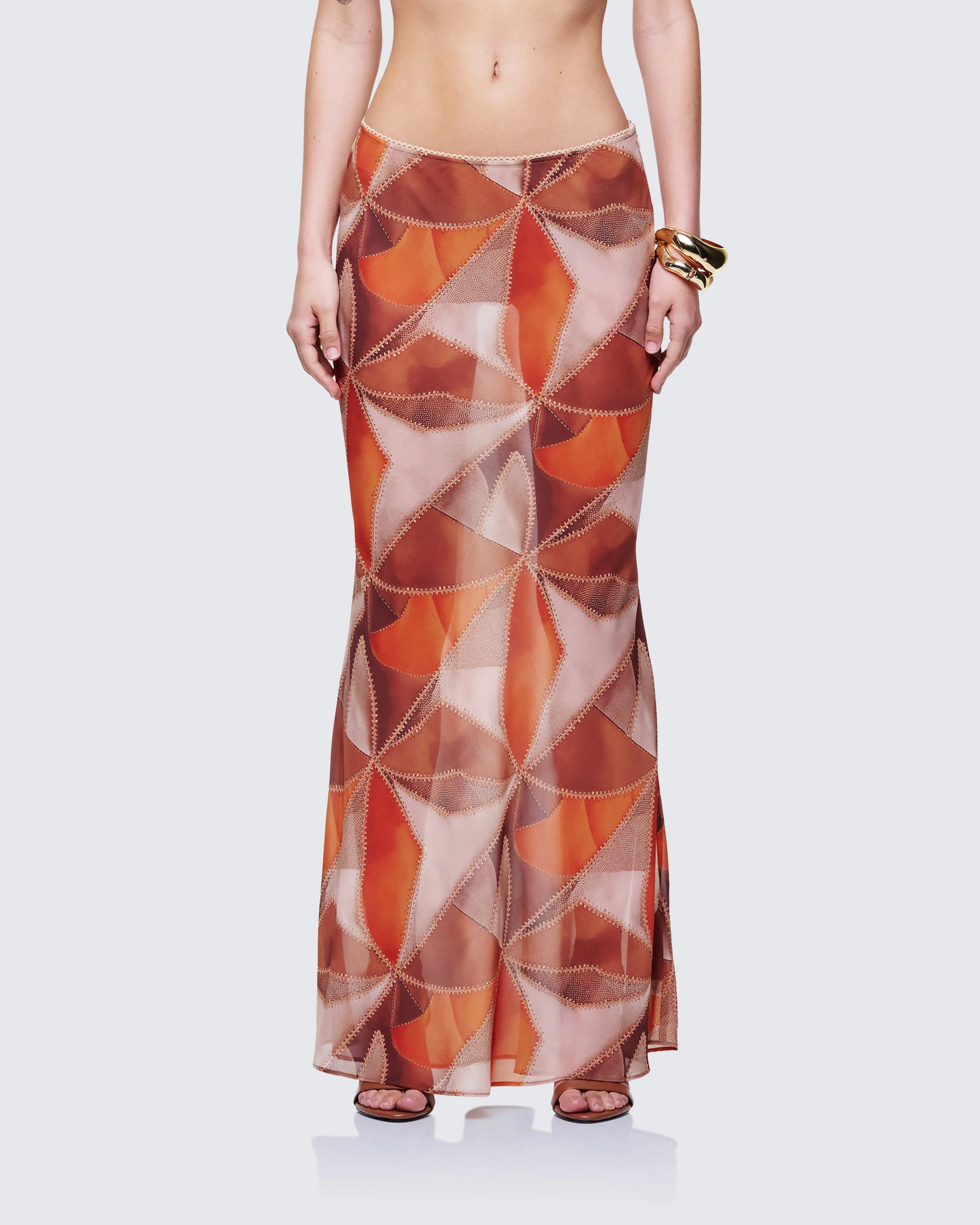 Noxie Brown Georgette Printed Maxi Skirt