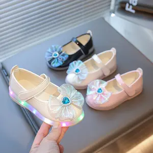 2025 New Spring/Summer Mary Jane Flat Shoes for Girls with Bow and Light-Up Design