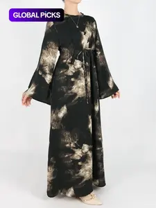 Women's Tie Side Zipper Back Dress, Elegant Long Sleeve Belted Abaya Dress for Daily Wear, Ladies Islamic Clothing for All Seasons, Round Neck Abayas