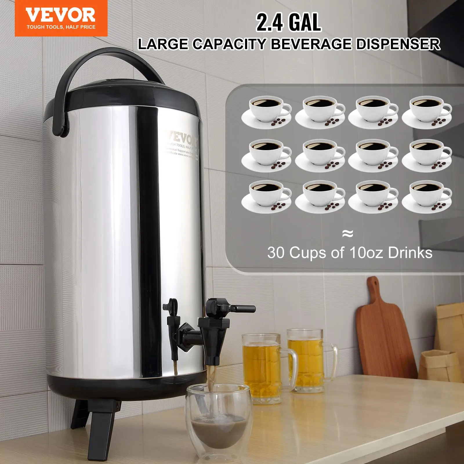 【summerfinds】VEVOR Stainless Steel Insulated Beverage Dispenser, 2.4 Gallon 9.2 Liter, Thermal Hot and Cold Drink Server Dispenser with Spigot Handle, Food-grade for Hot Tea Coffee Water Restaurant Drink Shop Cover Drinkware