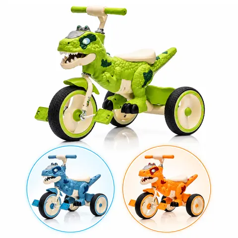 Toddler Tricycle for 3-4 Years Olds, Unisex Kids Toys with Dinosaur Design for Toddlers, BPA-Free, Light-Up Wider Wheels, Stable Structure, Rear Storage Basket, On-Board Music & Light, Anti-Slip Pedals & Handles, Safe Ride Trainer