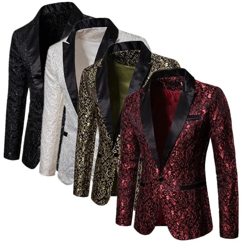 Menswear Single-Breasted Jacquard Suit Jacket - Long-Sleeve Formal Blazer for Business, Wedding Events, Available in Black/White/Gold