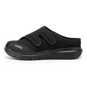 FitVille Men's EasyTop Recovery Slipper Boy Footwear Velcro Sandals Velcro Shoes Comfort Mesh Black Slide