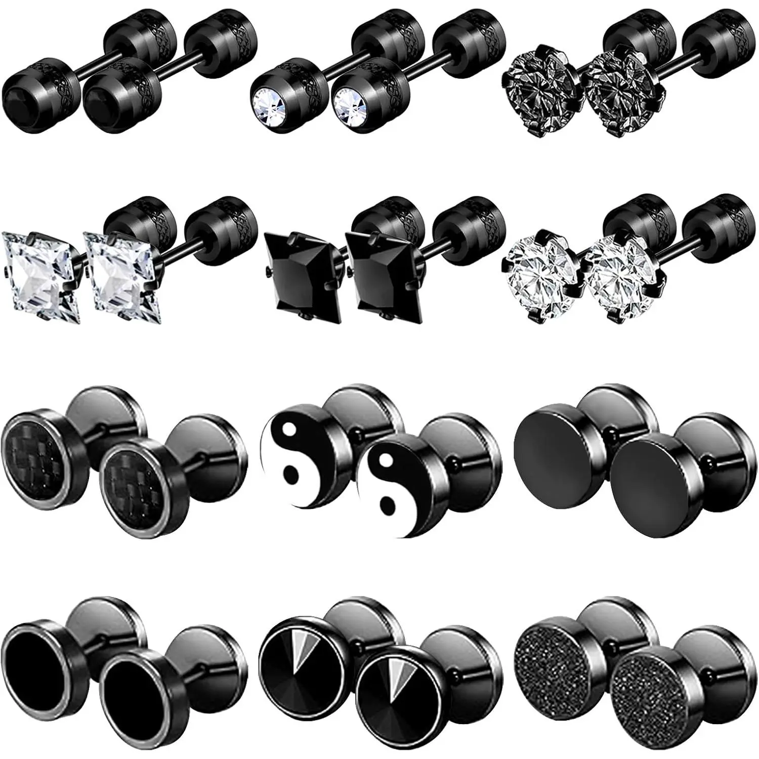 12 Pairs Stainless Steel Stud Earrings for Men  Earring Flatback Black Earring Set Screw  Studs Inlaid Cubic Zirconia Stud Earrings for Women Men