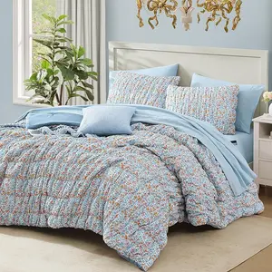 7-Pieces Ruffled comforter set, Shabby Chic Farmhouse Bedding, Machine Washable Cozy Bedding Haul for All Seasons Floral Print Patchwork
