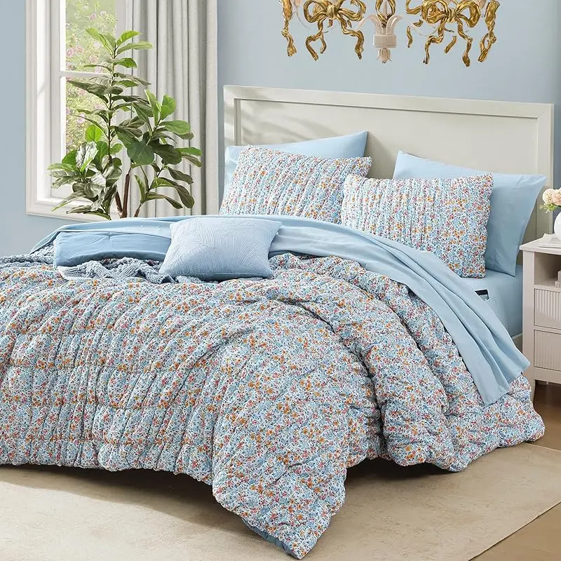 Melex Home | 5/7-Pieces Ruffled comforter set, Shabby Chic Farmhouse Bedding, Machine Washable Cozy Bedding Haul for All Seasons Floral Print Patchwork